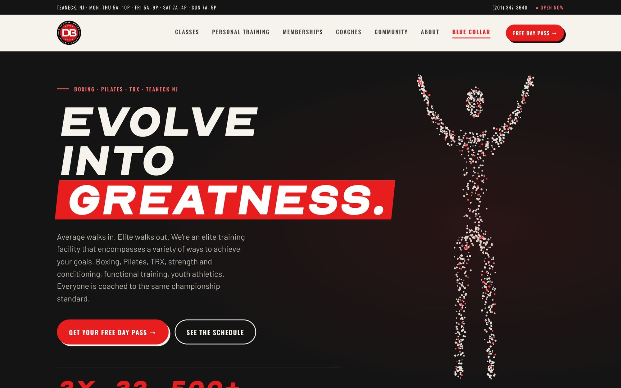 Different Breed homepage with a bold Evolve Into Greatness headline, program list, and free day pass button on a dark background