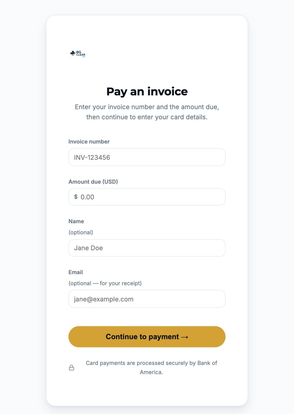Pay an invoice form with fields for invoice number, amount due, optional name and email, and a continue to payment button