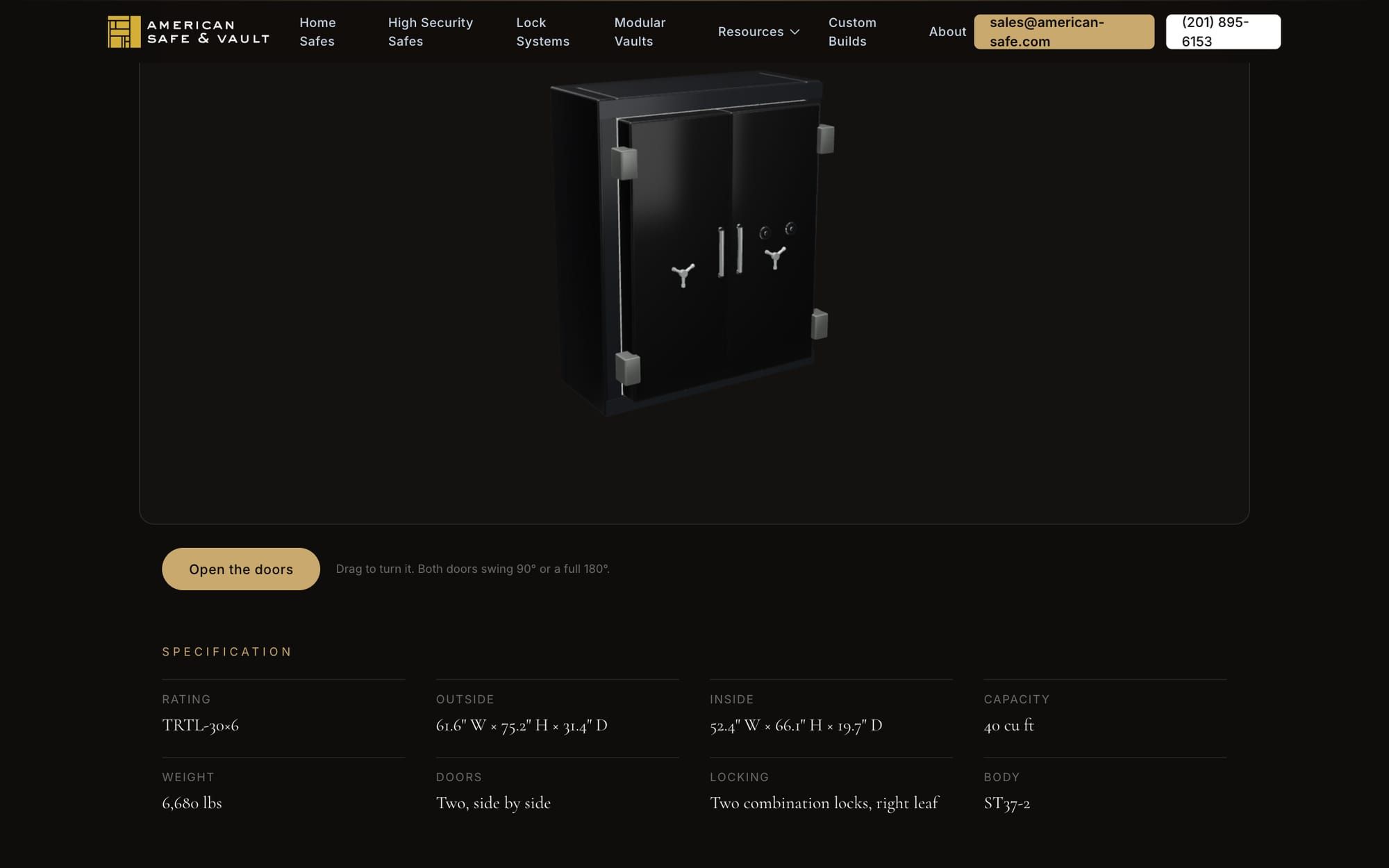 Interactive 3D model of a black double-door safe above an Open the doors button and a specification table